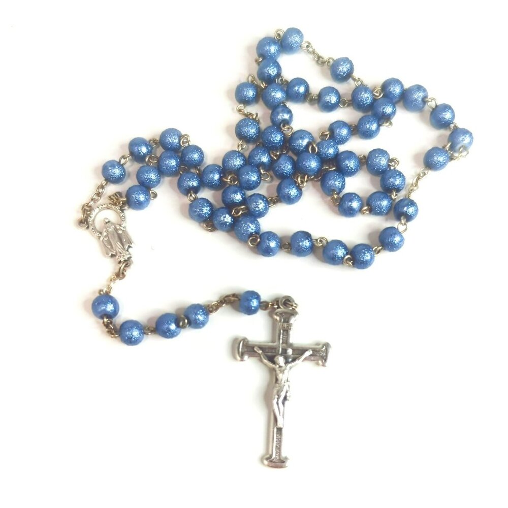Vintage Blue Silver-Tone Rosary Necklace Sacred Miraculous Mary Prayer Beads